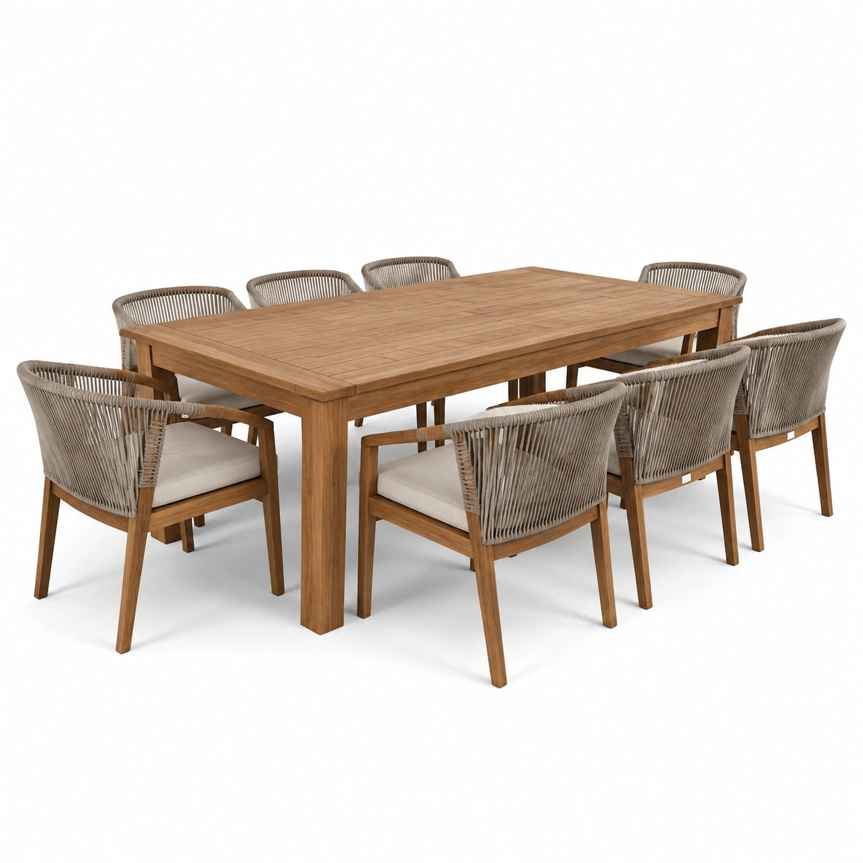 Table et chaises de jardin en teck, corde polyester - marron et gris clair