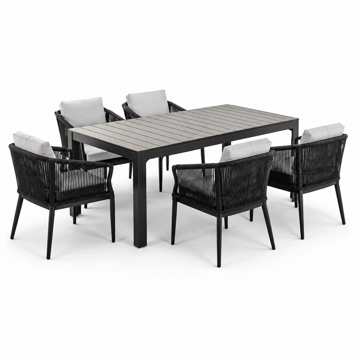 Ensemble de repas extérieur 6 places en aluminium et polywood avec chaises en corde synthétique