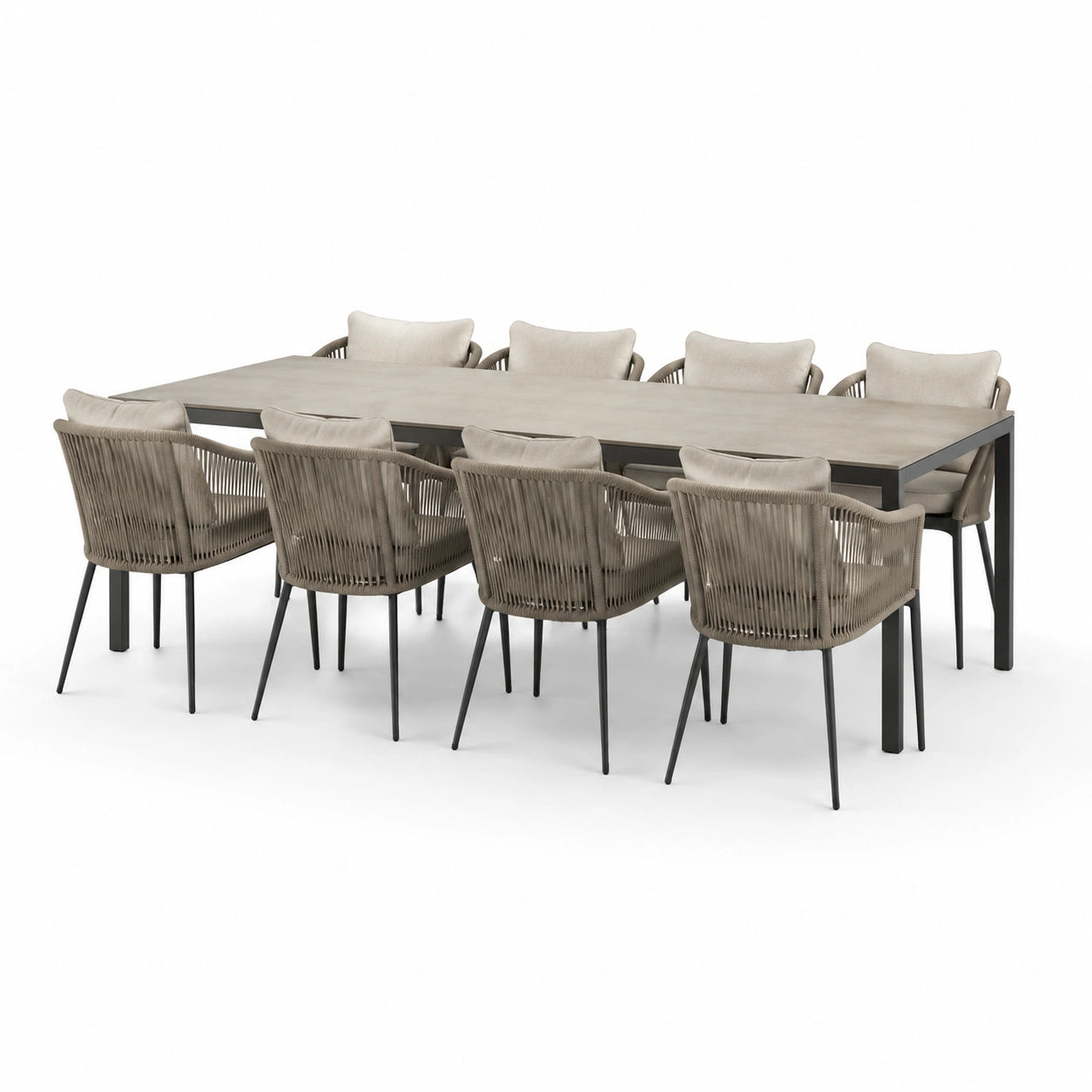 Ensemble de salle à manger extérieure en aluminium avec table et chaises en corde beige