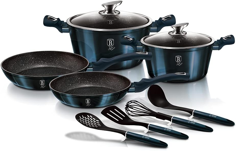 Berlinger Haus Aquamarine Batterie de Cuisine Induction 10 Pièces Antiadhésive Marbre sans PFOA, Aluminium