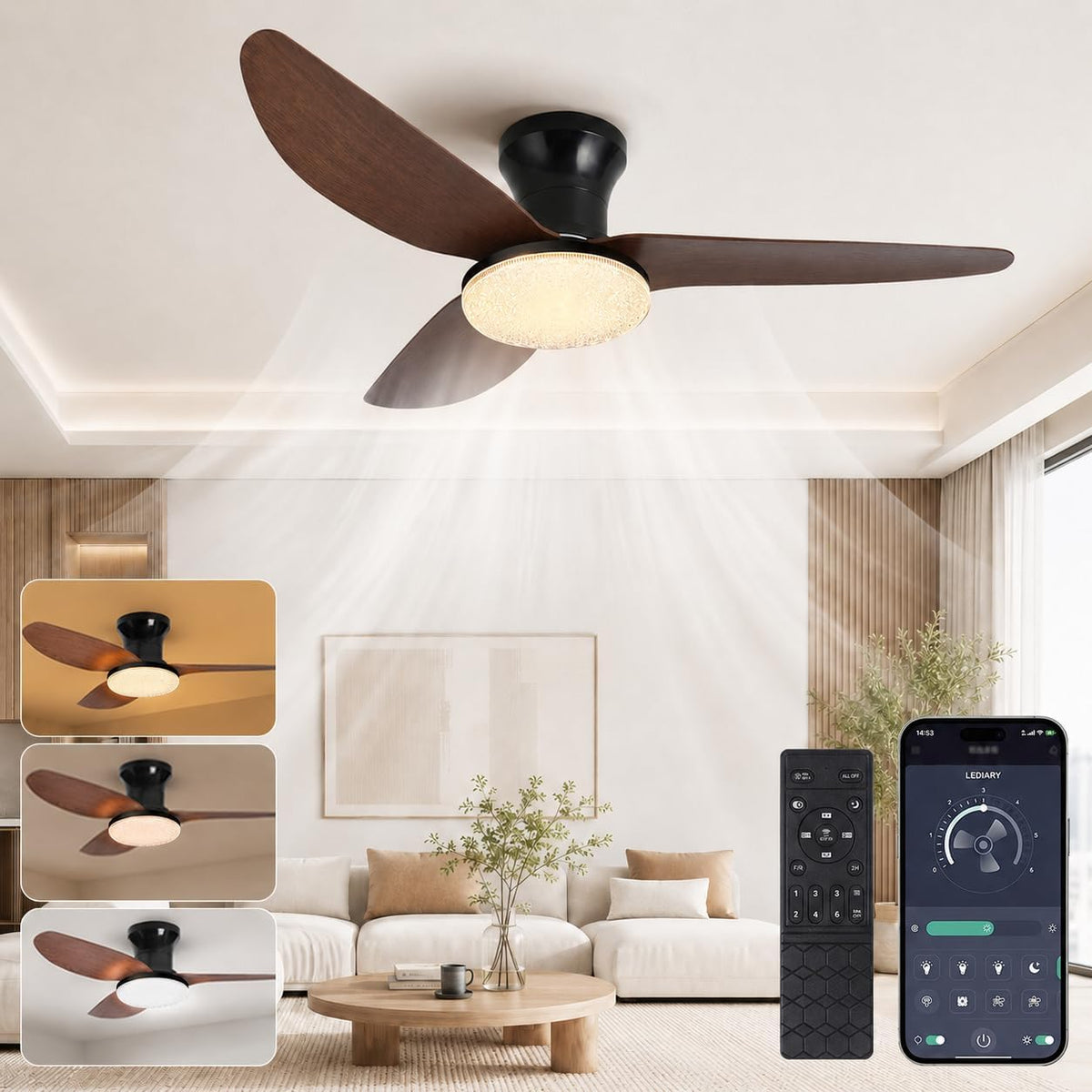 Ventilateur Plafond avec Lumière Ø100cm, Minuterie Plafonnier Ventilateur 6 Vitesses, 3 Couleurs Variables avec App et Télécommande