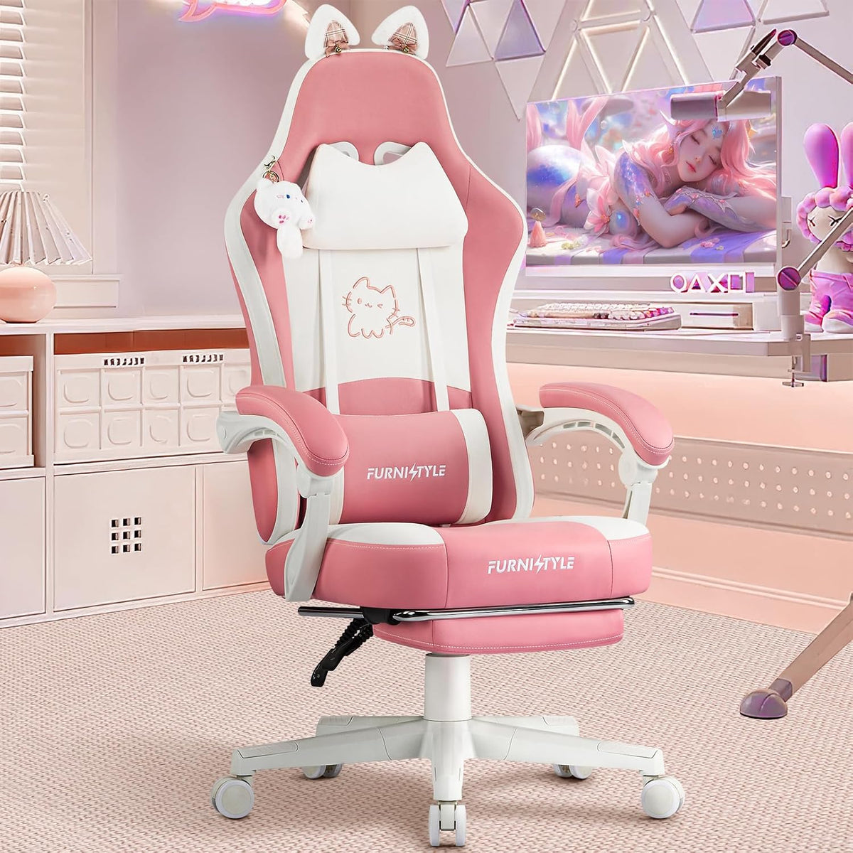 Hellove Chaise Gaming Ergonomique, Fauteuil Gamer avec Repose-Pieds Rétractable, Coussin Lombaire et Oreilles de Chat, pour Filles, Adolescents