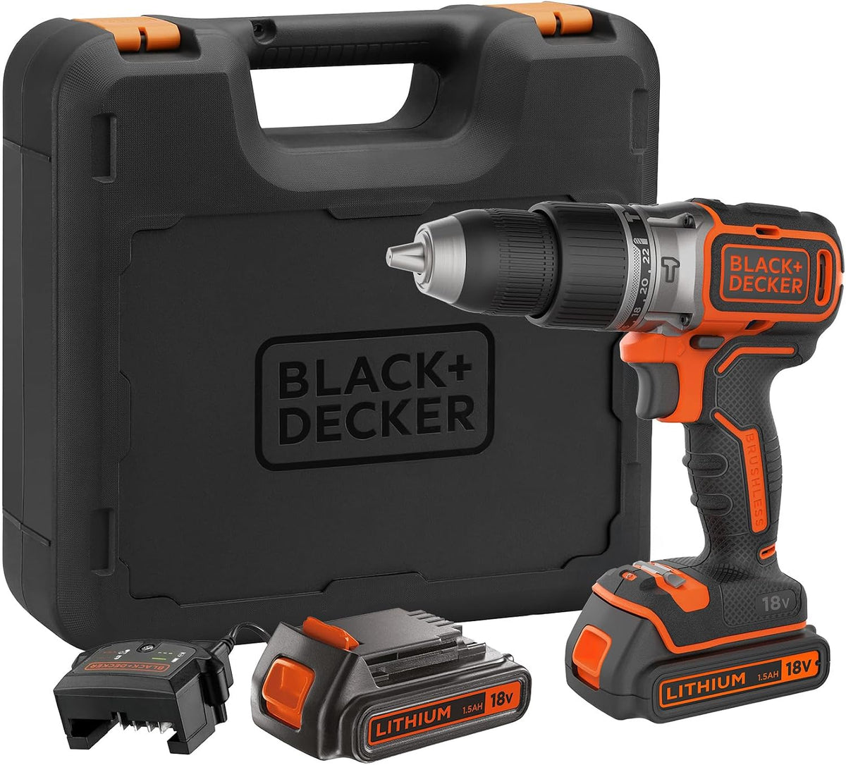 BLACK+DECKER Marteau perforateur sans fil 18V sans balais à 2 vitesses, 28,000 BPM, 52Nm de couple, livré avec 2 batteries de 1.5Ah