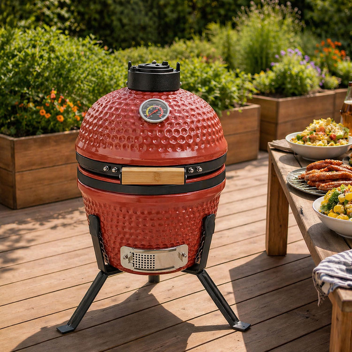 Neo Kamado Mini barbecue en céramique 33 cm pour fumoir, œuf, charbon de bois, support portable (rouge cinabre)