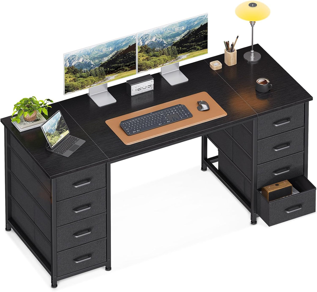Coleshome Bureau avec 8 Tiroirs en Tissu, 140x48cm Bureau avec Rangement Table d'ordinateur Robuste, Table Informatique pour Salon Domicile, Noir