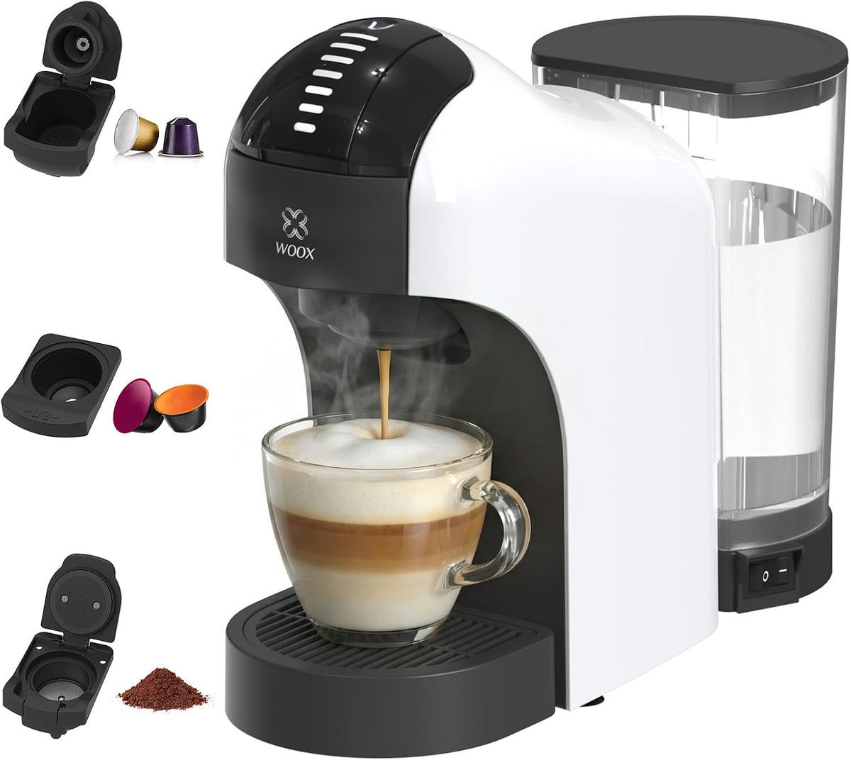 Woox Machine à Café à Capsules 3 en 1, 20 Bars, 1400W, Machine à Expresso Compacte pour Nespresso, Dolce Gusto, K-fee et Café Moulu, Réservoir 850ml