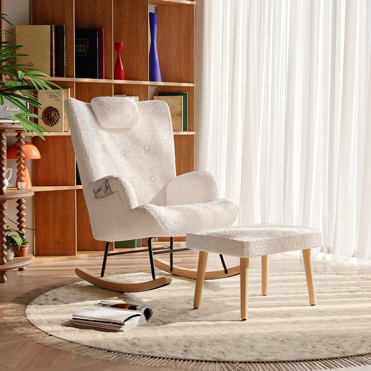 Générique Fauteuil à Bascule en Tissu Peluche, Chaise a basule avec Appui-tête, Poche latérale et Repose-Pieds, Rocking Chair