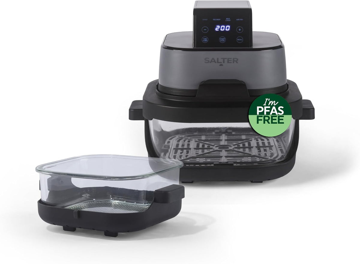 Salter Crisp & Go Friteuse à air portable, récipient en verre 4 L, 1500 W, 2 récipients nomades de 1,5 L, 4 programmes, jusqu'à 200 °C, fenêtre 360°