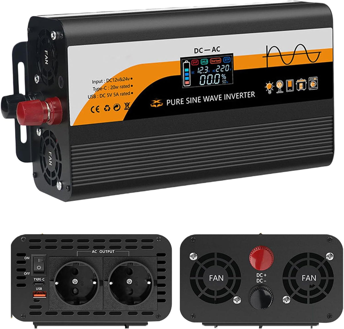 Convertisseur de tension DC 12 V/24 V vers AC 230 V sinusoïdal pur 1300 W/3000 W avec 2 prises UE, type C, USB et écran LCD pour voiture, camion