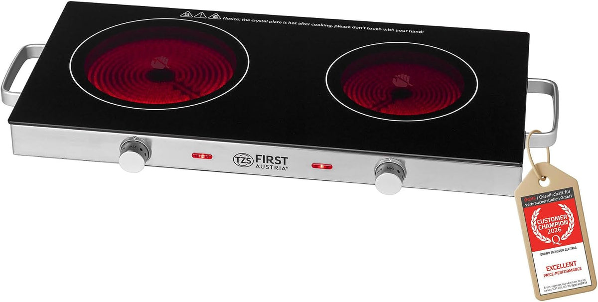 TZS First Austria - Plaque de cuisson double infrarouge vitrocéramique TOUS types de casseroles 2800W - Mini réchaud électrique pour déménagement