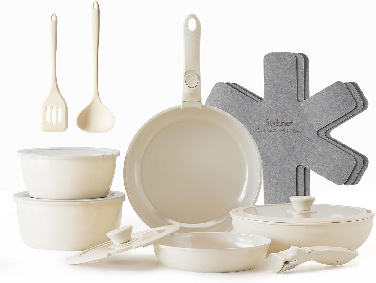 Redchef batterie de cuisine céramique 16 pièces, poêle et casserole antiadhésives, poignée amovible, induction, sans PFAS, lave-vaisselle (Beige)