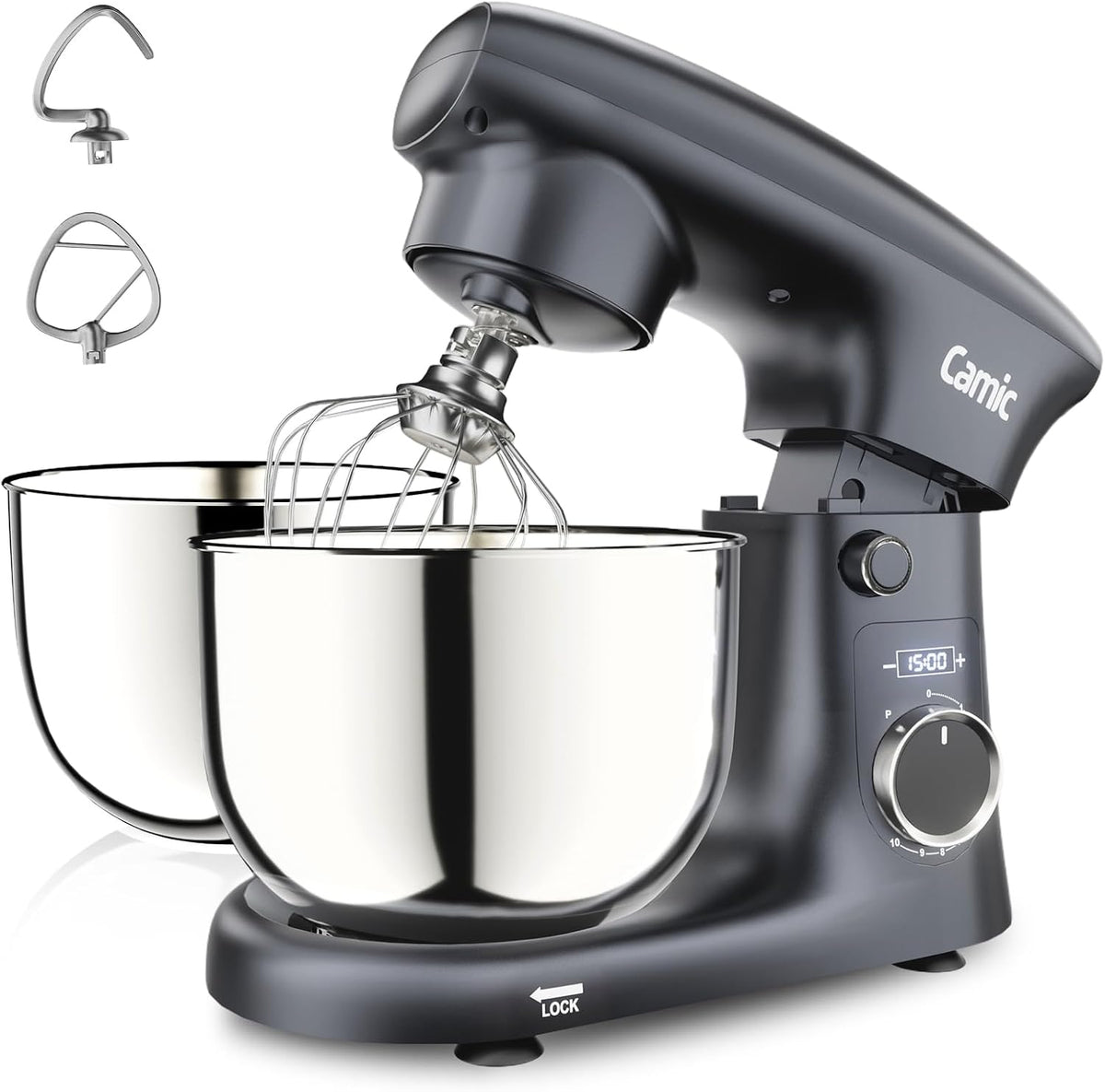 Camic Robot Pâtissier avec 3 Accessoires (Pétrissage, Mélange, Fouet), Robot Patissier avec écran LED, Minuterie, 10 Vitesses