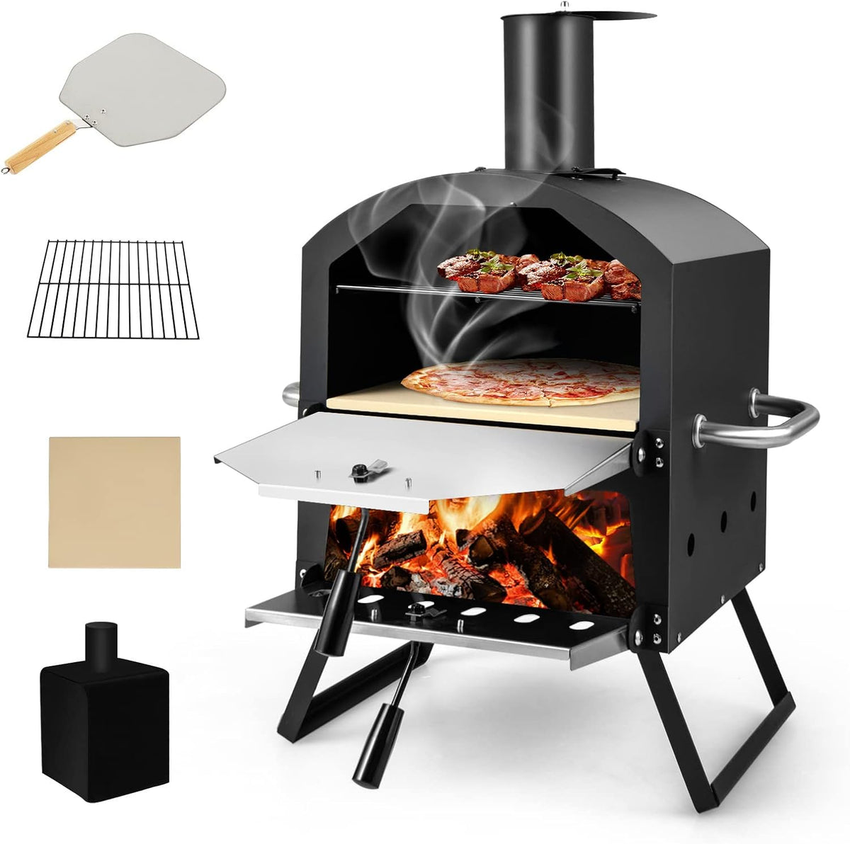 GYMAX Four à Pizza Extérieur Mini au Bois avec Pierre à Pizza, Pelle à Pizza, Jambes Pliantes et Poignées Portables, Ventilateurs Ajustables