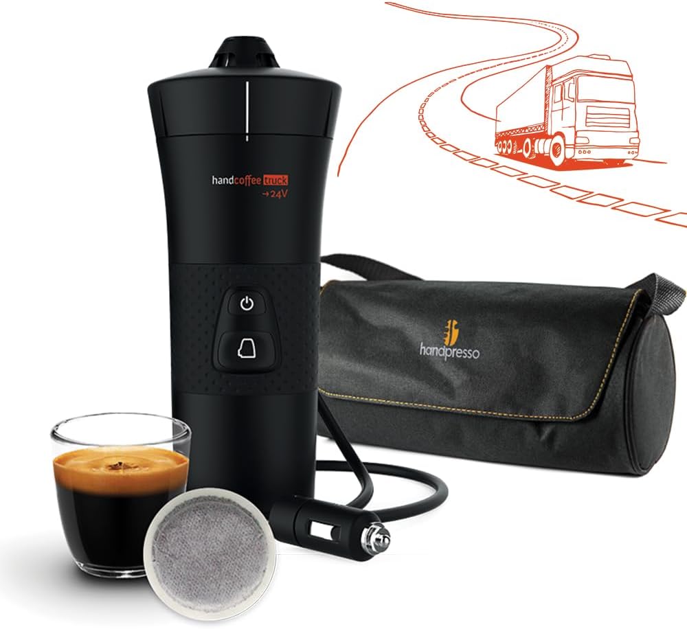 Handpresso - cafetiere 24v camion Handcoffee Truck Set 21012, coffret cafetière camion pour dosette Senseo, avec sac/tasse