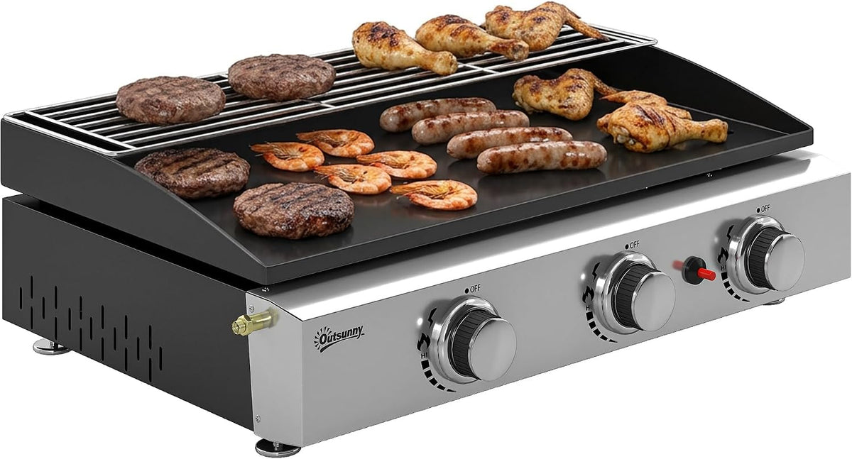 Outsunny Plancha Gaz avec 3 Brûleurs en Acier Inoxydable 7,5 kW, Barbecue à Gaz avec Plaque Émaillée Anti-Chaleur Facile à Nettoyer