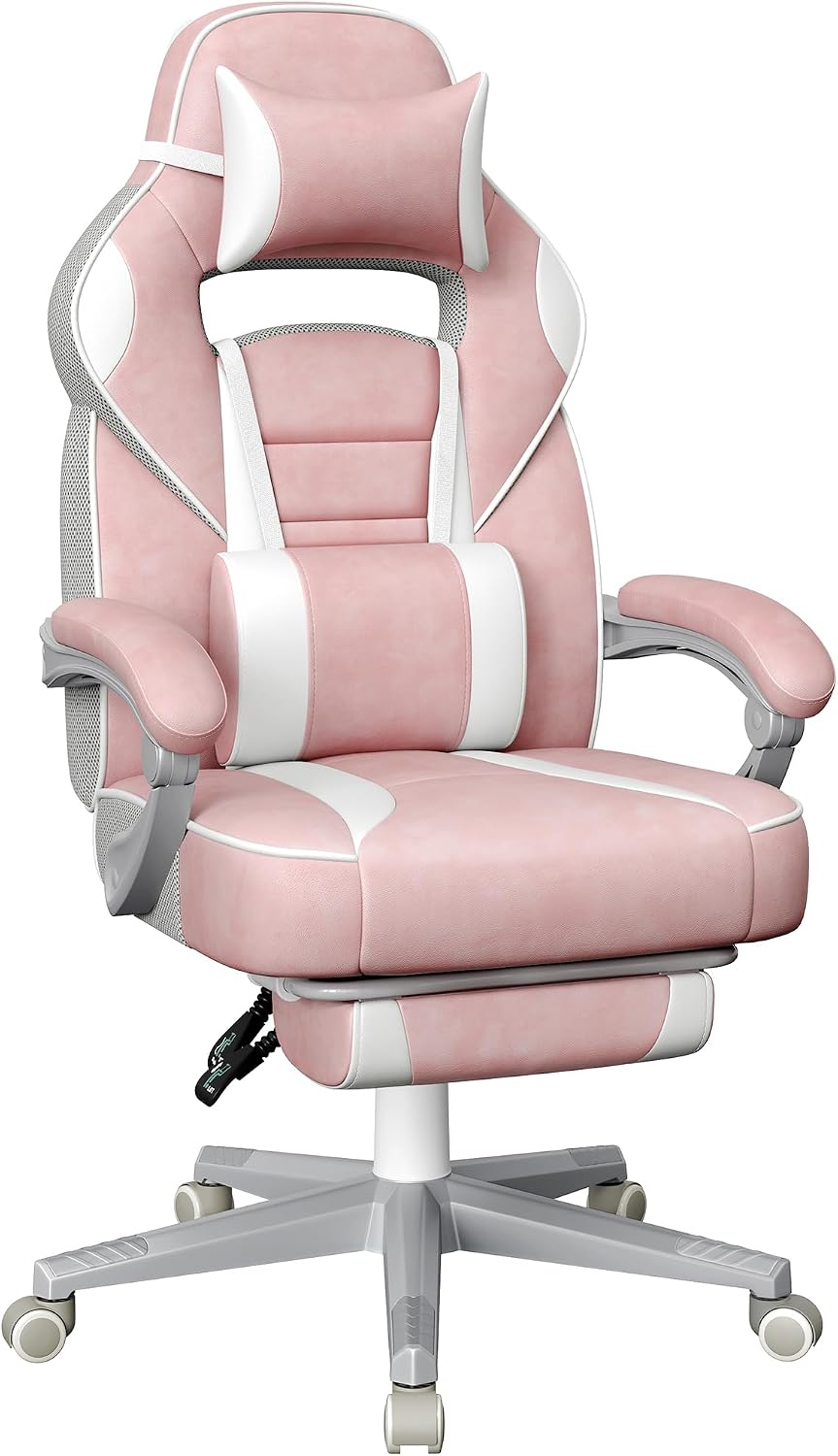 SONGMICS Fauteuil de Bureau, Chaise Gaming, Réglable, Repose-Pieds Télescopique, Mécanisme à Bascule, Appui-tête, Support Lombaire, Charge 150 kg