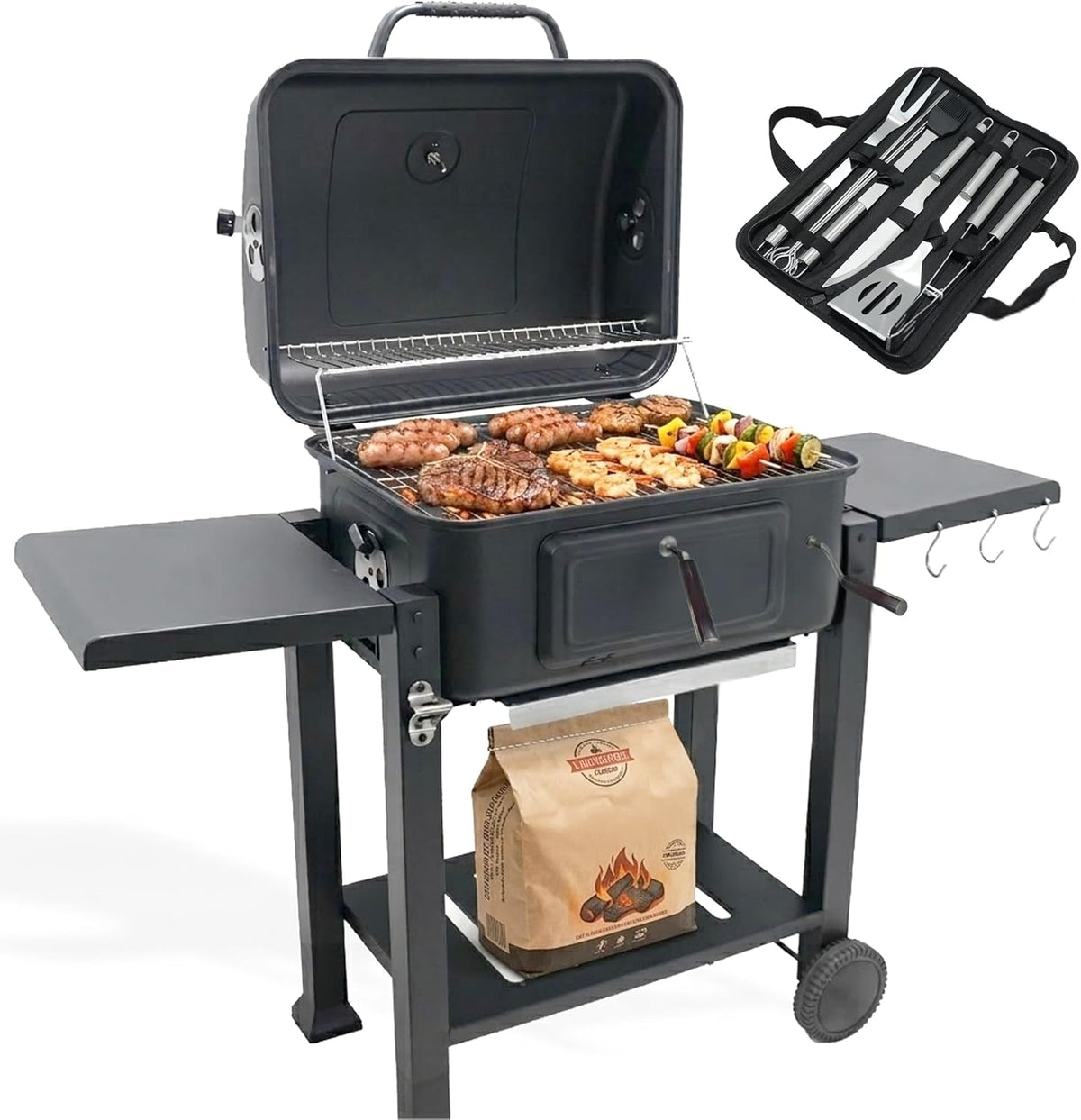 Barbecue Charbon de Bois avec Couvercle, Hauteur de Braise Ajustable, Grille de Cuisson XL 54x43 cm, 2 Tablettes Latérales Rabattables