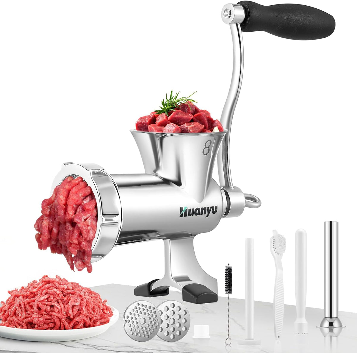 Huanyu Hachoir à Viande Manuel en Acier Inoxydable et Machine à Saucisses - Coupe-légumes Lavable au Lave-vaisselle - Taille 8