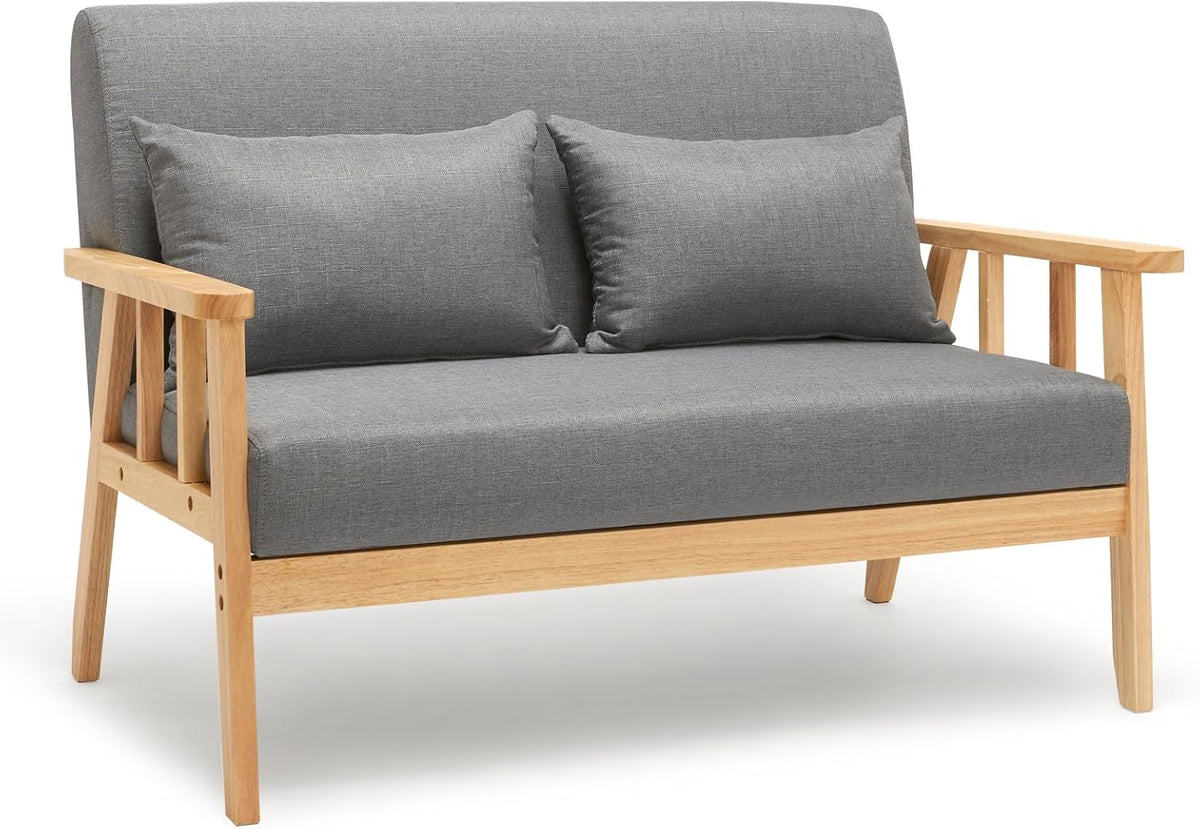 Mondeer- Canape 2 Places - Fauteuil Salon Scandinave Cadre en Bois Surface en Tissu Lin pour Petit Appartement Chambre Bureau (Gris Foncé)