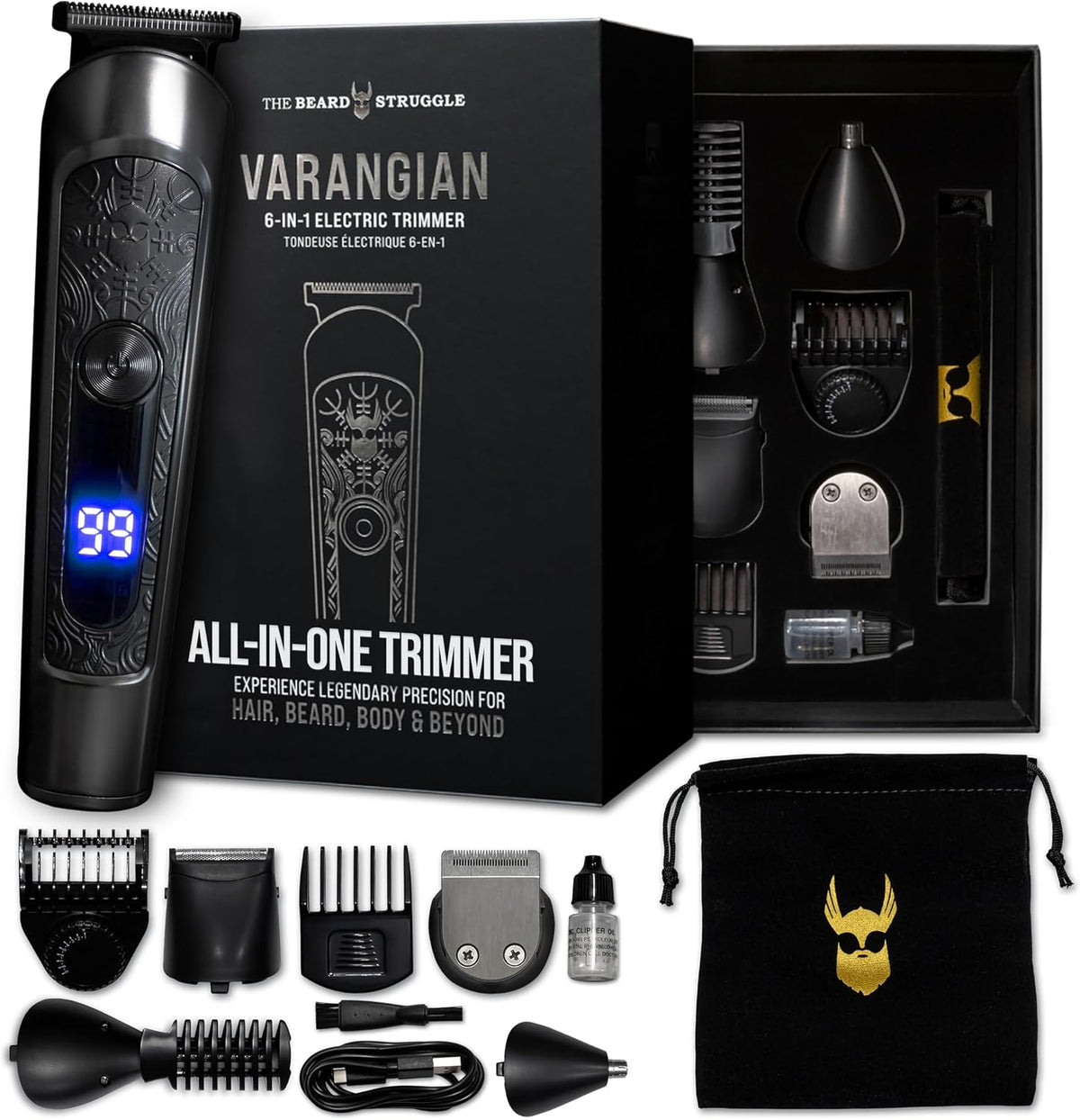 The Beard Struggle Varangian Tondeuse à barbe 6 en 1 pour cheveux, barbe, corps et au-delà, lame en titane