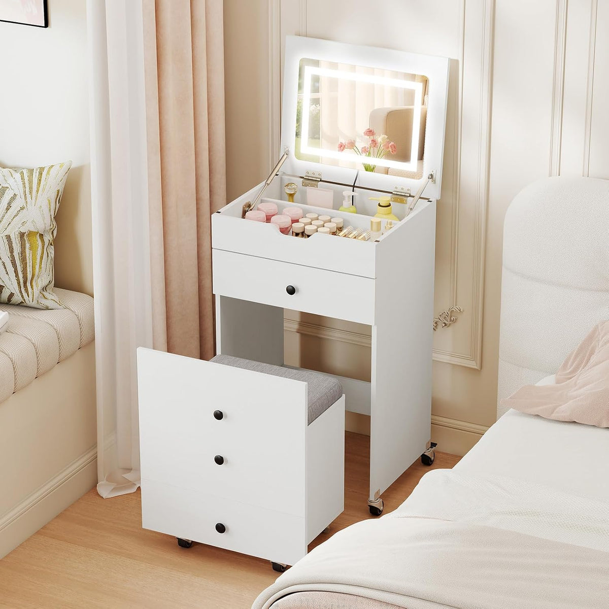 COSTWAY Petite Coiffeuse avec Miroir Rabattable et Tabouret, Bureau Coiffeuse à roulettes, Lumière et Luminosité Réglables, Tabouret de Rangement