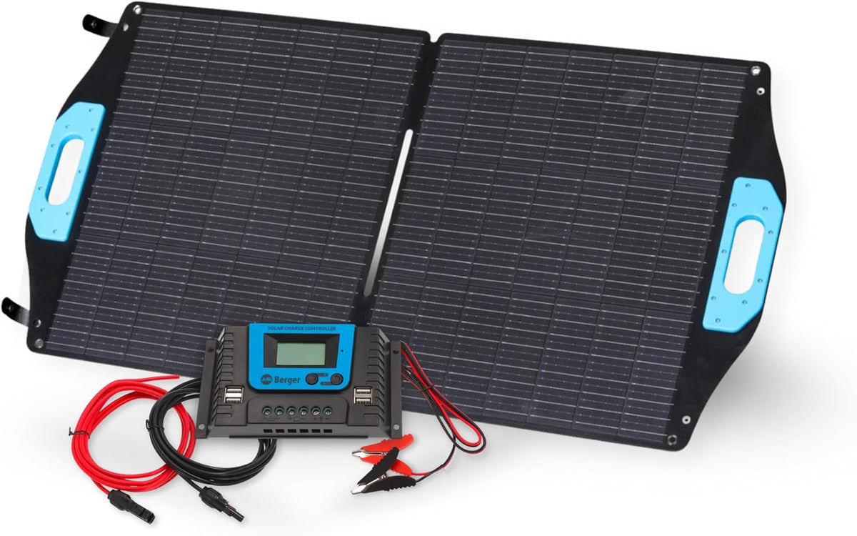 BERGER Kit de panneau solaire pliable 100 W avec régulateur de charge - Module solaire complet avec MC4 et pinces crocodiles
