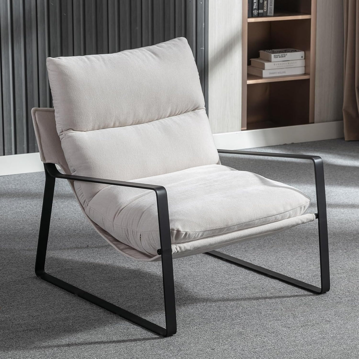 Fauteuil de Salon Moderne en Chenille Fauteuil Chambre Confortable avec Cadre en Métal, Chaise Relax pour Salon/Chambre, Beige