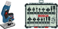 Bosch Professional Affleureuse sans Fil GKF, Bleu/Noir, Seul, Avec broche de fraisage 8 mm + 15 pièces Kit de Fraises Mixtes (pour Bois, Ø 8 mm Queue
