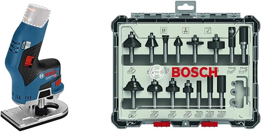 Bosch Professional Affleureuse sans Fil GKF, Bleu/Noir, Seul, Avec broche de fraisage 8 mm + 15 pièces Kit de Fraises Mixtes (pour Bois, Ø 8 mm Queue