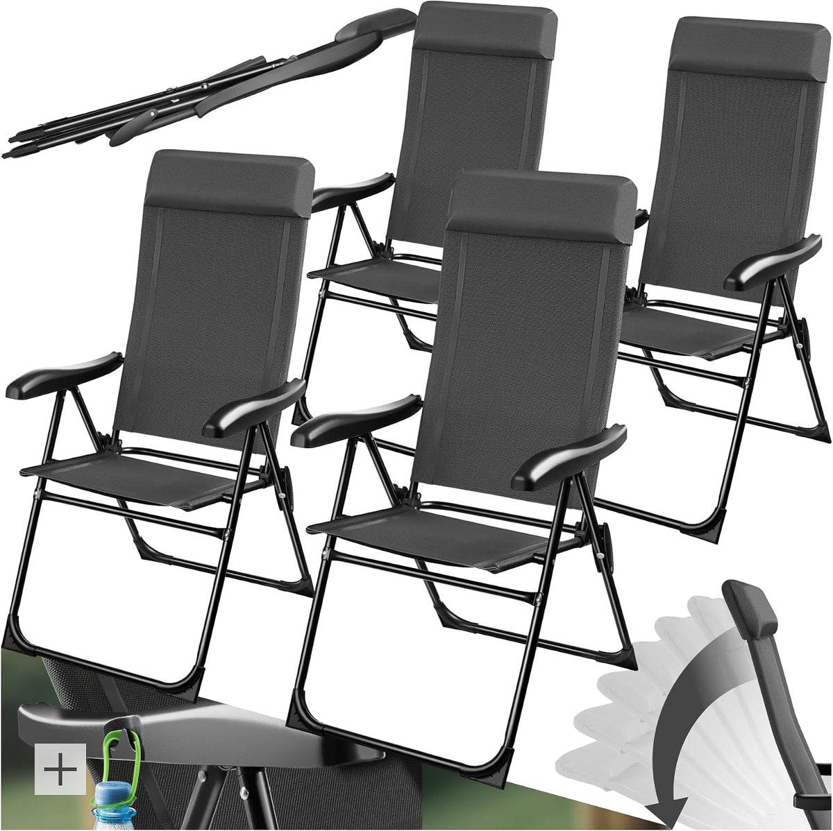 TecTake Lot de 4 Chaise Pliante Camping Fauteuil Pliable Gris Chaise de Plage Ultra léger en Aluminium avec Dossier inclinable & appuie-tête Idéal