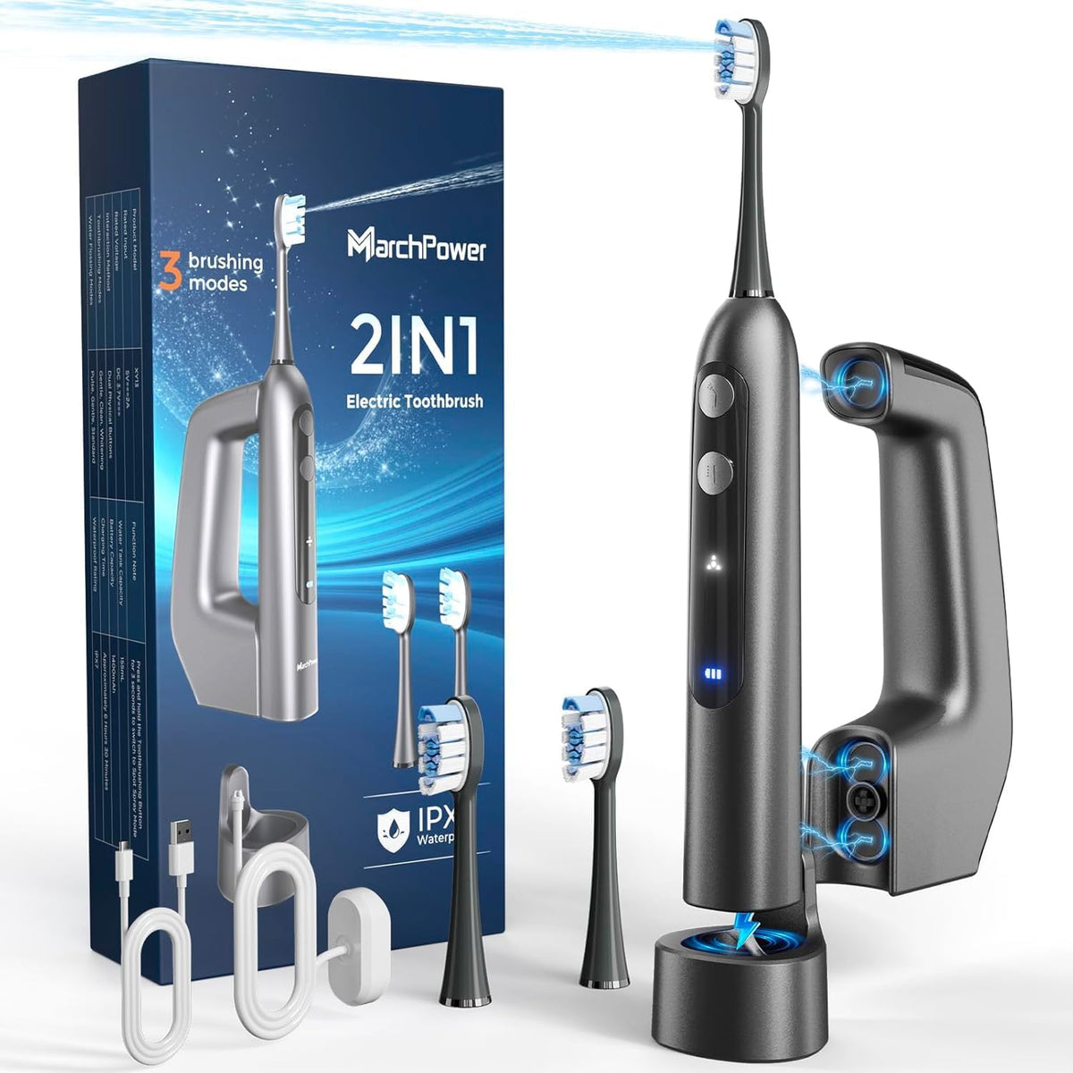 Marchpower Brosse à Dent Electrique avec Jet Dentaire 3 en 1 Oscillation 46° Kit Irrigateur Portable Adulte, 3+3 Modes Nettoyage