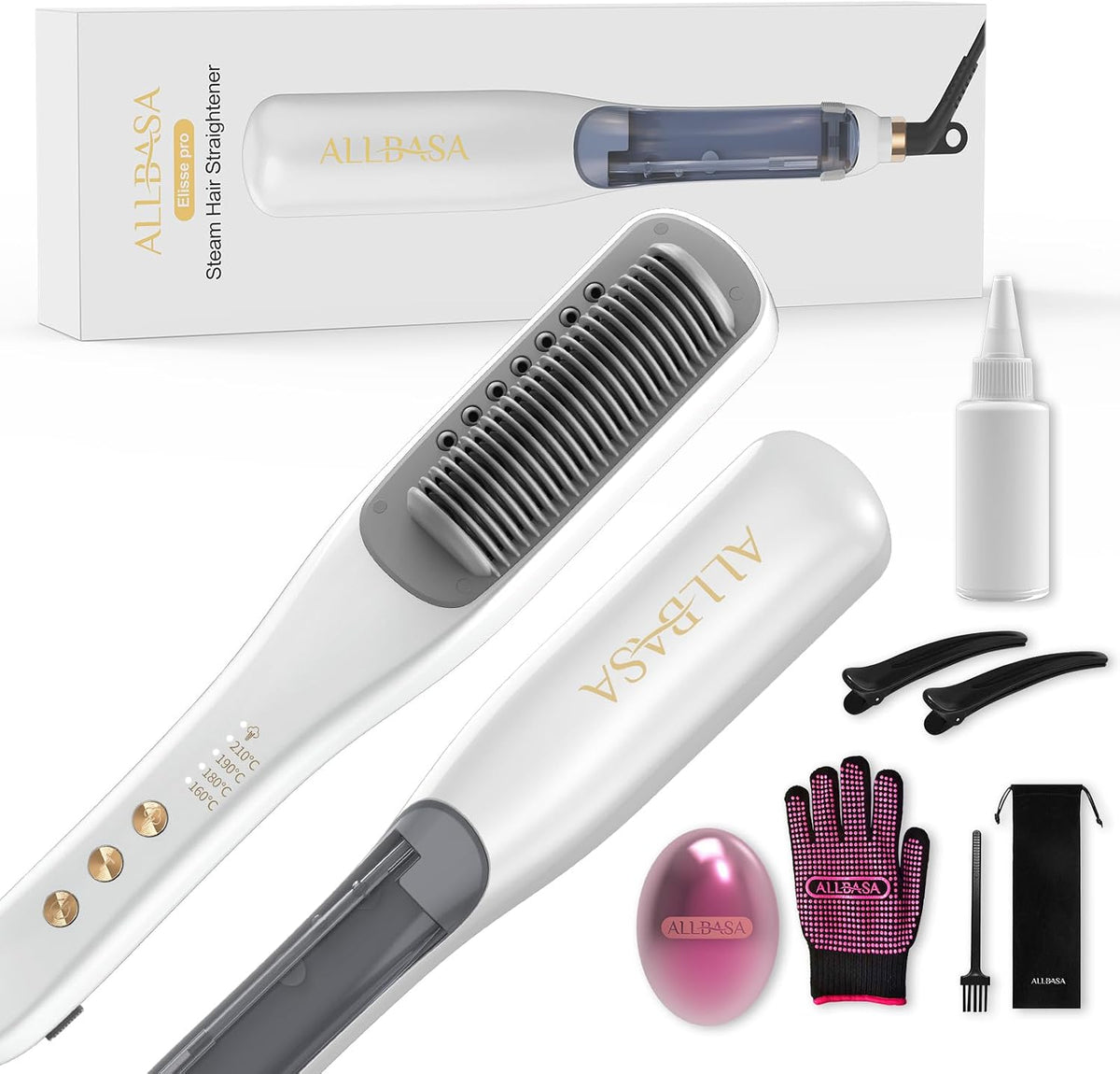 Lisseur Vapeur Professionnel Brosse Lissante vapeur pour Cheveux,4 Température Réglable,160-210,Fer à lisser à la technologie vapeur(Blanc