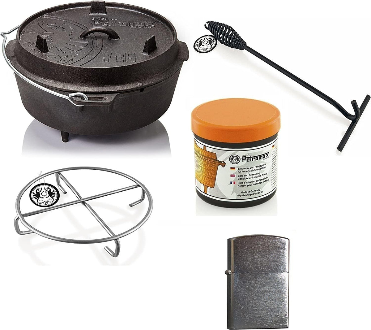 Petromax Dutch Oven FT6-6QT (met pootjes) Set - Pan + Conditoner + Deksellifter + Trivet + Zippo Aansteker