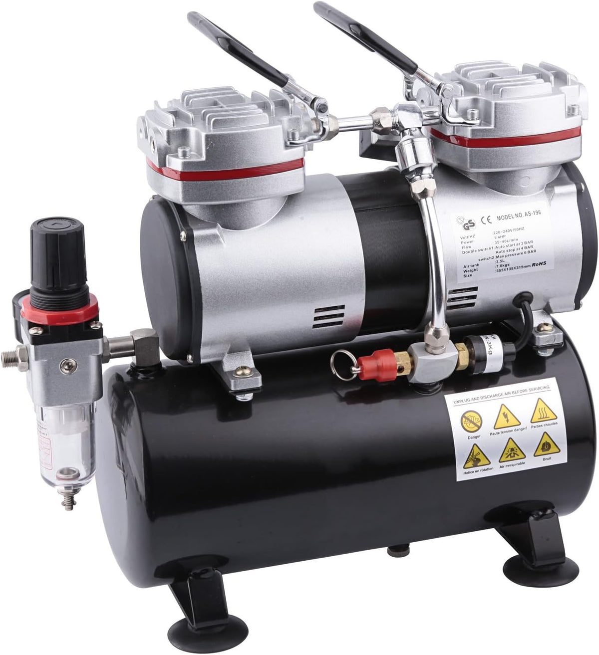 Fengda Compresseur Aerographe Professionnel FD-196 avec réservoir d'air / Régulateur de pression / 3,5L / 6 bars / Arrêt Auto