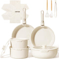 JEETEE Batterie de Cuisine 19 Pièces Antiadhésive, Poignée Amovible, Beige
