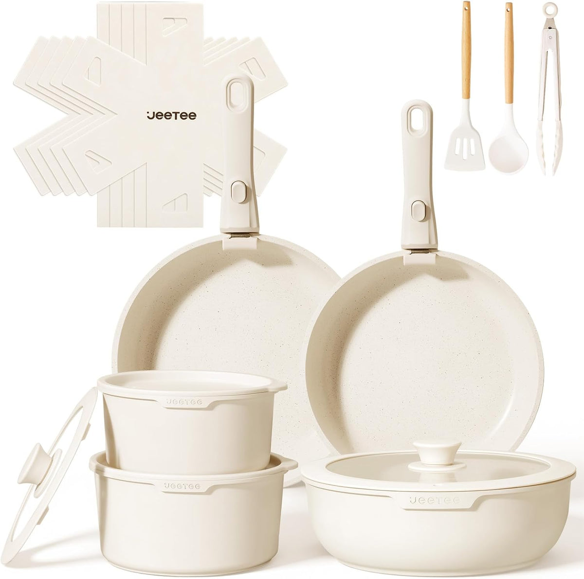 JEETEE Batterie de Cuisine 19 Pièces Antiadhésive, Poignée Amovible, Beige