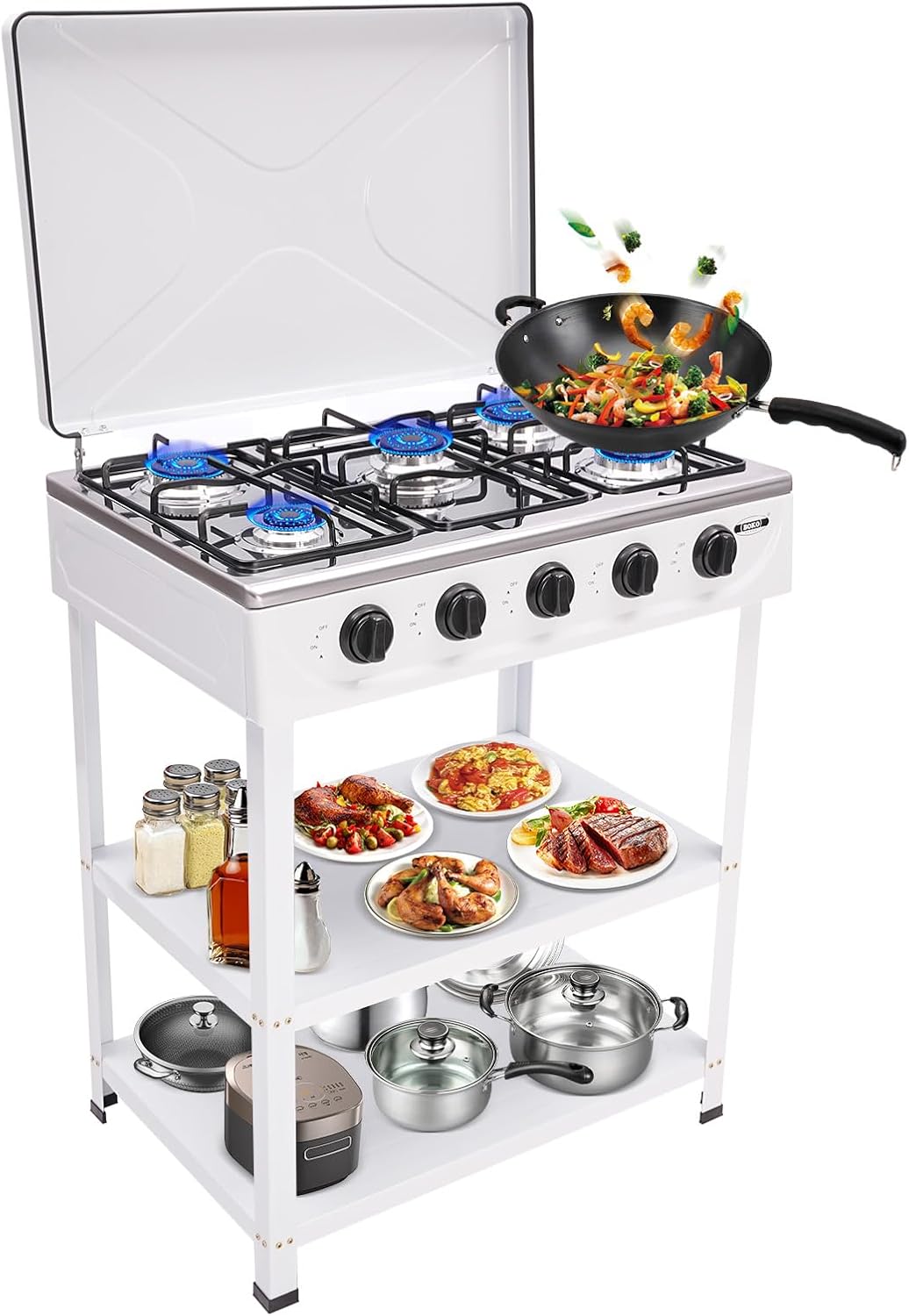 Plaque de cuisson à gaz 5 feux, Plaque de cuisson à gaz avec support antidérapant, Chariot de barbecue avec couvercle, Réchaud à gaz autonome