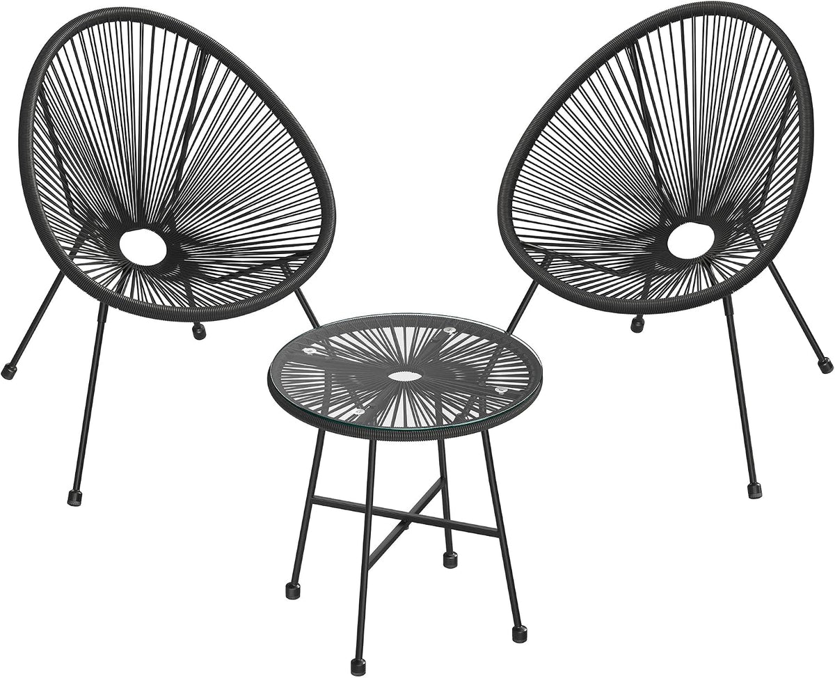 SONGMICS Salon de Jardin, Lot 3 Meubles de Terrasse, Chaises d'Extérieur Acapulco, avec Table en Verre, Noir GGF013B02