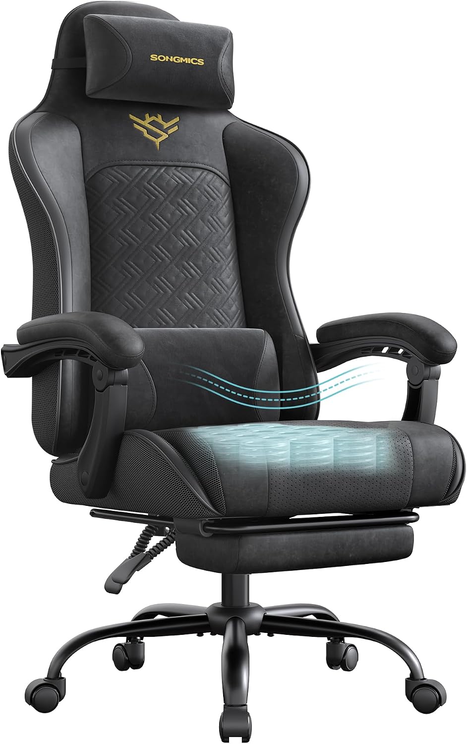 SONGMICS Chaise Gaming, Chaise de Bureau, Ergonomique, Fauteuil Gaming, Coussin d'Assise à Ressorts, Repose-Pieds