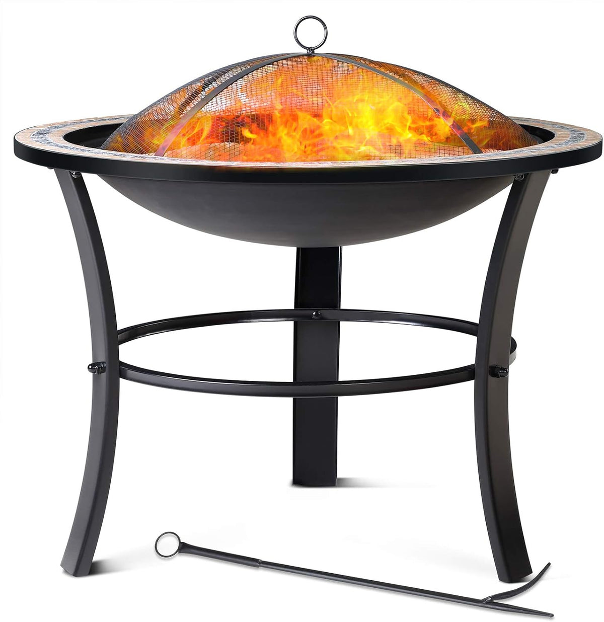 Brasero Rond Fuego Ø 76 cm Acier laqué Pierres mosaïque Accessoires Couvercle Jardin terrasse feu Bois Charbon briquette Barbecue