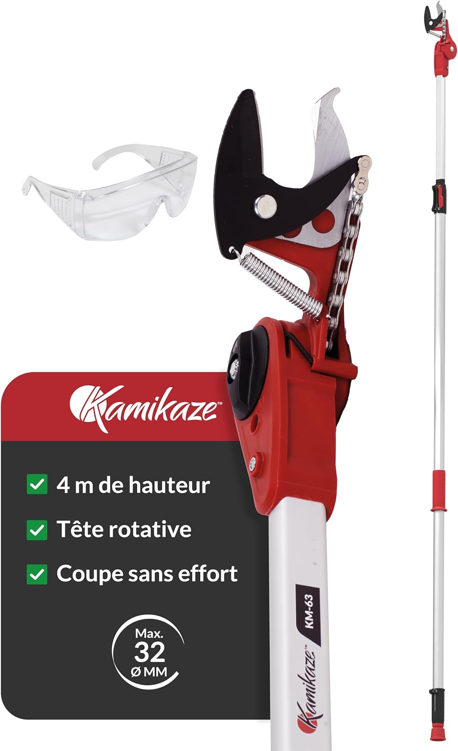 KAMIKAZE Échenilloir Coupe-Branches Télescopique jusqu'à 4 m. Mécanisme de Poulies Réducteur d'Effort. Tête Rotative et Lame en Acier SK5