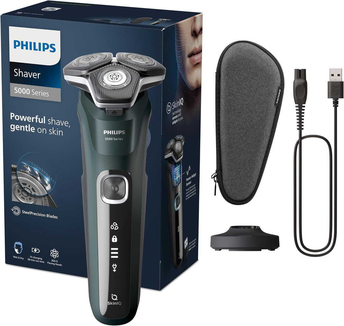 Philips Rasoir électrique S5000 pour homme Wet & Dry avec tondeuse rétractable intégrée, socle de charge et coffret de voyage (modèle S5884/35)