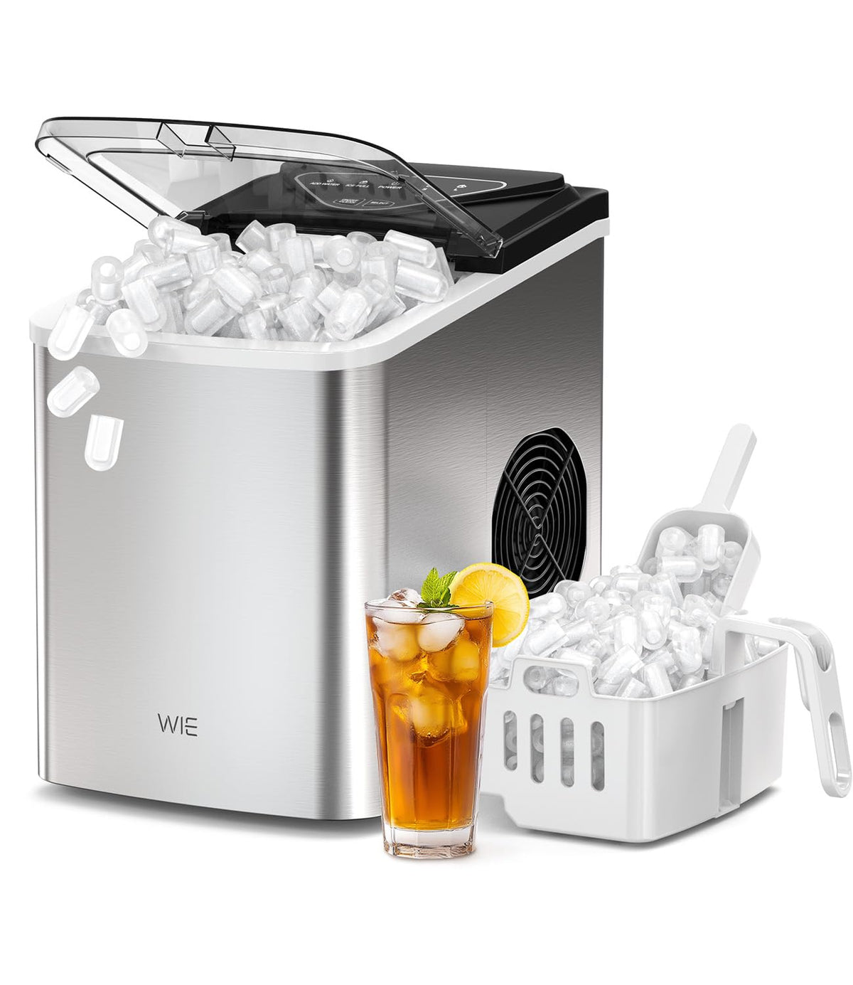 WIE Machine à glaçons, 15 kg de glaçons Ice Maker, 9 cubes en 6 min, Machine à glaçons avec poignée portable, Argent