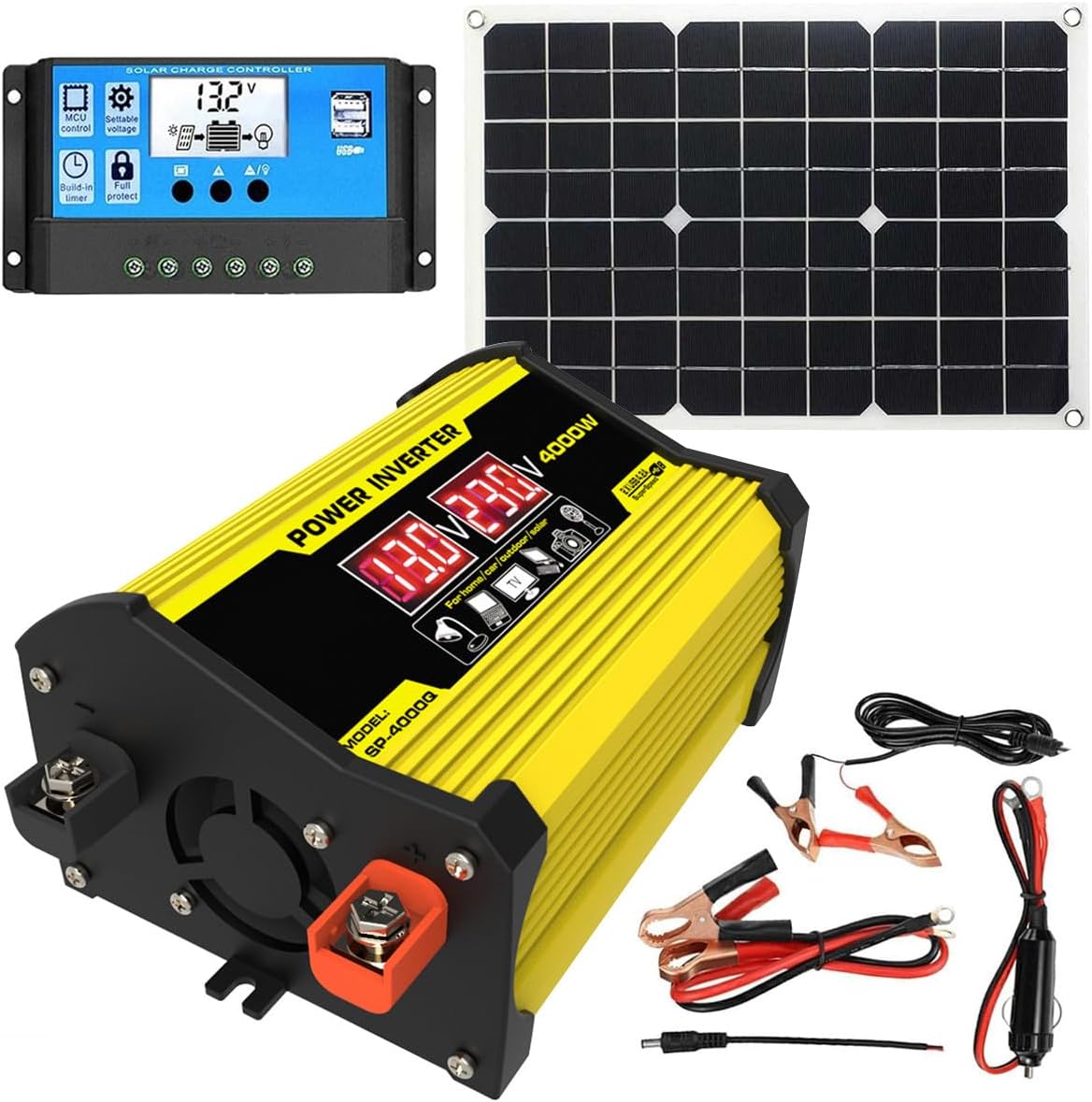 Kit De Panneau Solaire avec Onduleur, Panneau Solaire 12V Et Kit De Contrôleur 30A, Kit Solaire Hors Réseau, Conversion Automatique De Tension
