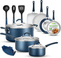 NutriChef Batterie de Cuisine 14 Pièces Antiadhésive Induction Bleu, Casseroles Poêles Cocotte avec Couvercles et Ustensiles Cuisine Compatible Tous