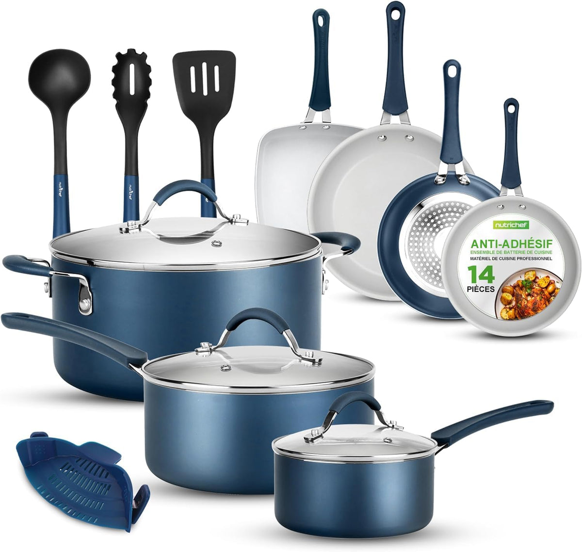 NutriChef Batterie de Cuisine 14 Pièces Antiadhésive Induction Bleu, Casseroles Poêles Cocotte avec Couvercles et Ustensiles Cuisine Compatible Tous