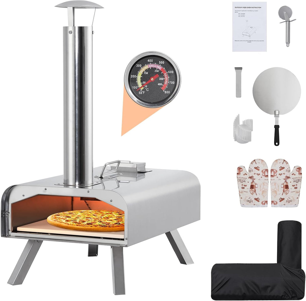 Garvee Four à pizza portable 12' à granulés de bois multifuel, Acier inox argent, poignée supérieure, Pierre à pizza 12', Pelle, sac de transport