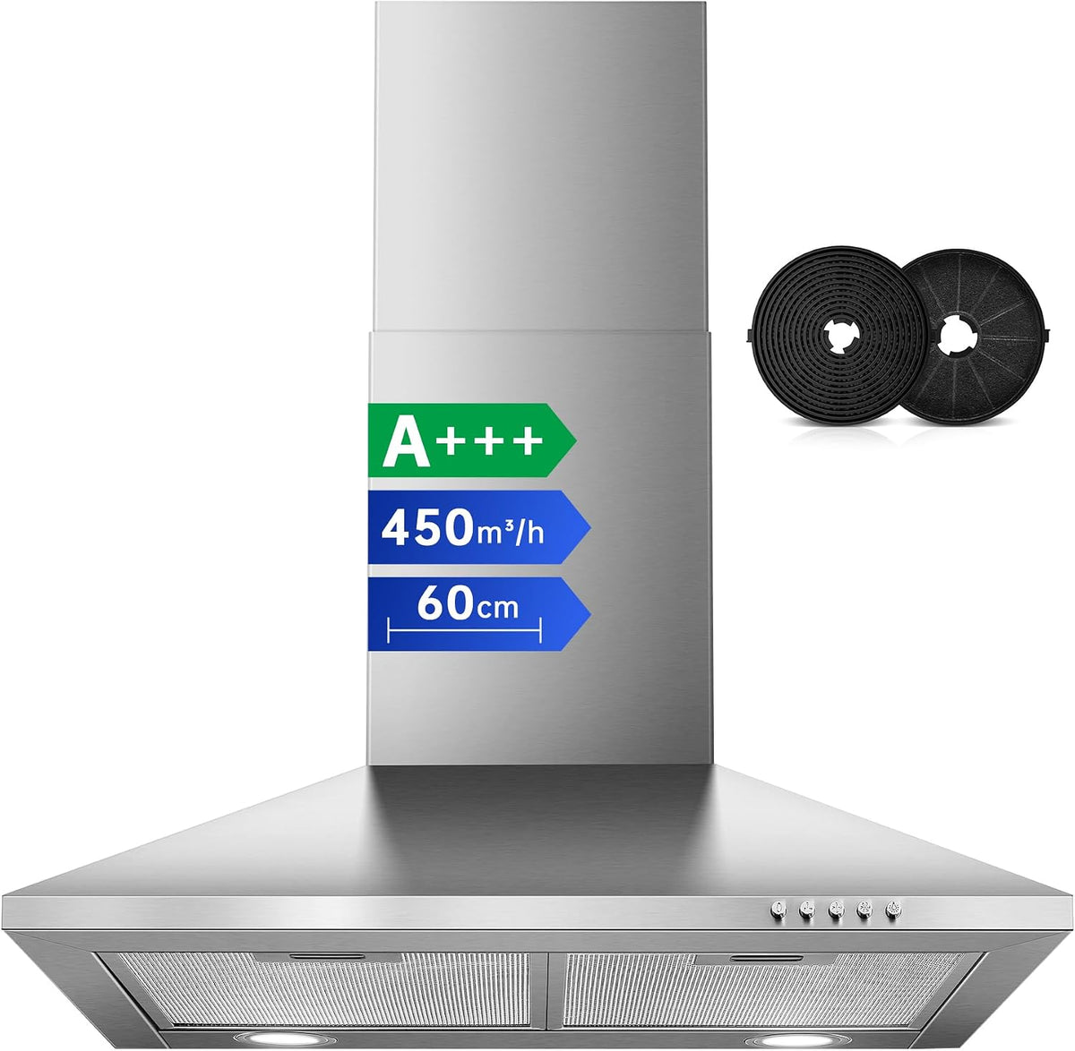 SNDOAS Hotte Aspirante 60cm, 450m³/h, A+++, Recyclage/Evacuation, Hotte Murale Inox avec Filtre à Charbon, 3 Vitesses, Cheminée Réglable