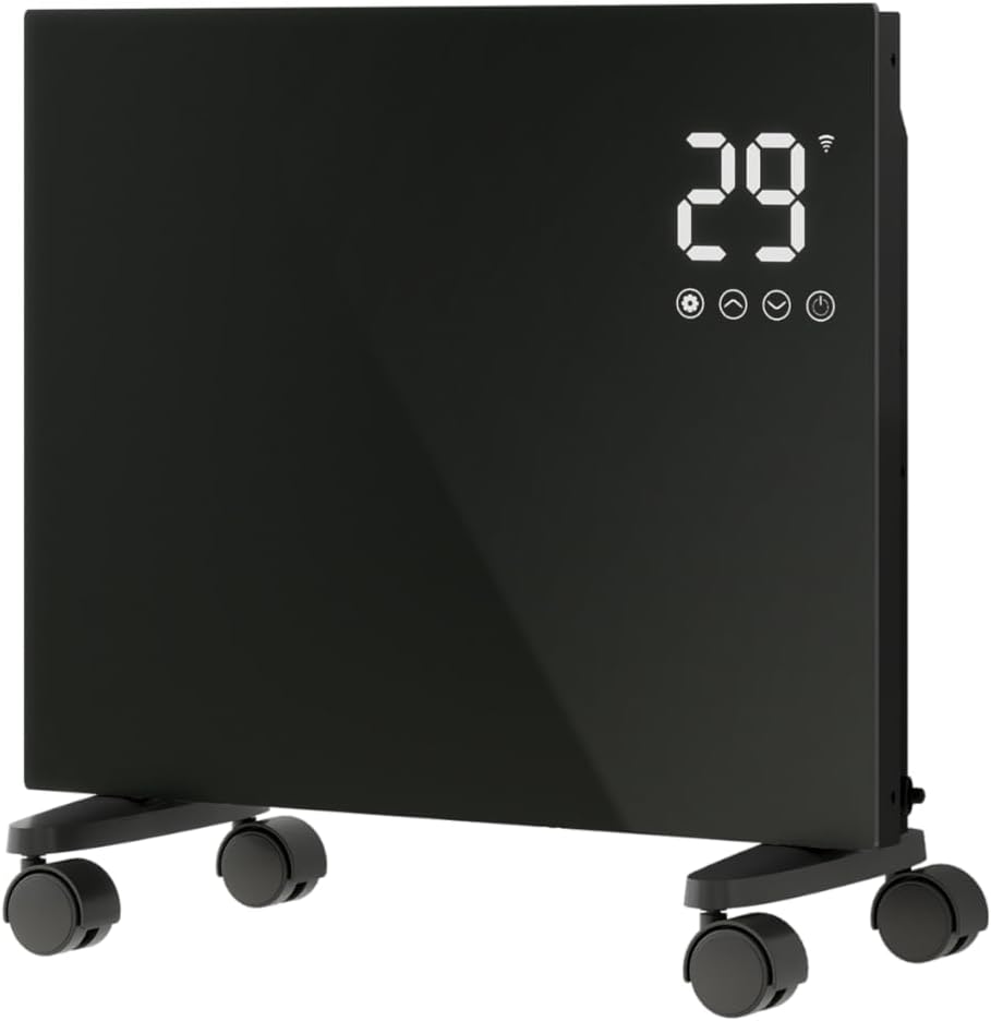 AICA Radiateur 1000W WiFi Écran tactile 2en1 Mobile/Mural Noir, Verre trempé ultra-plat 70mm. Pilotage via app. Minuterie 24h. Montage mural ou sur