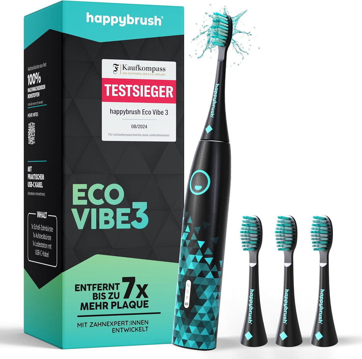 happybrush Eco VIBE 3 Brosse à Dents Électrique Sonique, Vainqueur du Test, Rechargeable jusqu'à 60 Jours, 3 Modes & Minuterie 2 Min